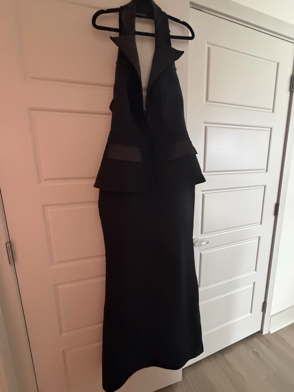Fashion Nova Black Backless Halter Peplum Gown
